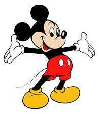 Cartoon image of Mickey Mouse standing with arms open, wearing red shorts, yellow shoes, and white gloves.
