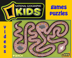 Screenshot of a National Geographic Kids page featuring a maze game with categories for games, puzzles, and videos on a yellow and green background.