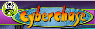 The PBS Kids logo and the "Cyberchase" title are displayed on a colorful, textured blue background.
