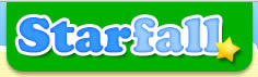 The Starfall logo features the word "Starfall" in blue and white letters on a green background with a small yellow star near the letter "l.